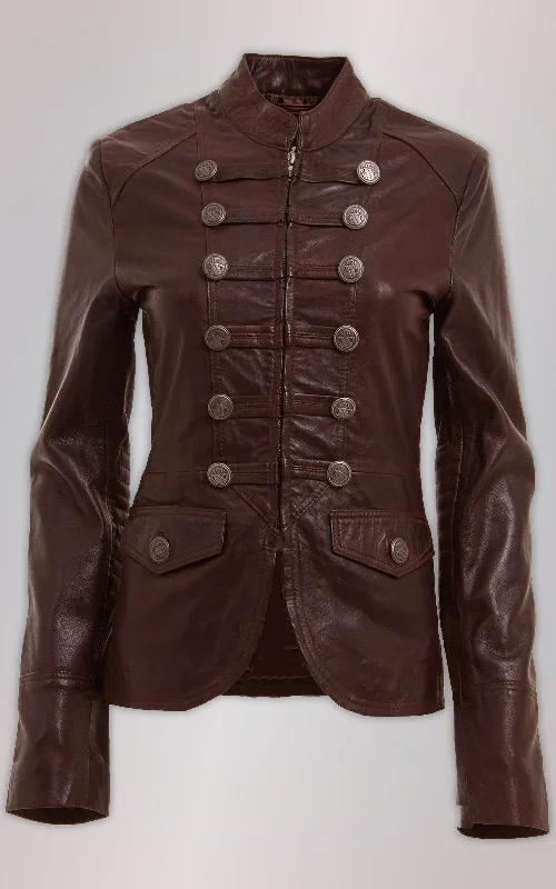 Early Bird Discount WOMENS BROWN AND BLACK MILITARY STYLE LEATHER BLAZER JACKET