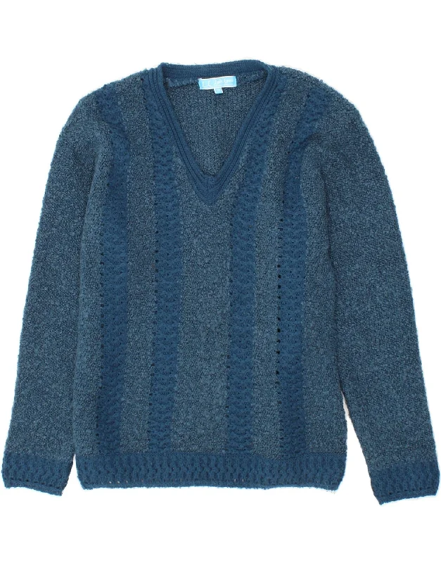 Shop and Save VINTAGE Womens V-Neck Jumper Sweater UK 10 Small  Blue Striped Wool