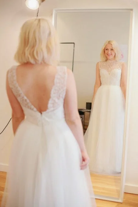 Reduced Prices Sarah Seven Stella: Beaded and Lace Illusion Neckline with A l