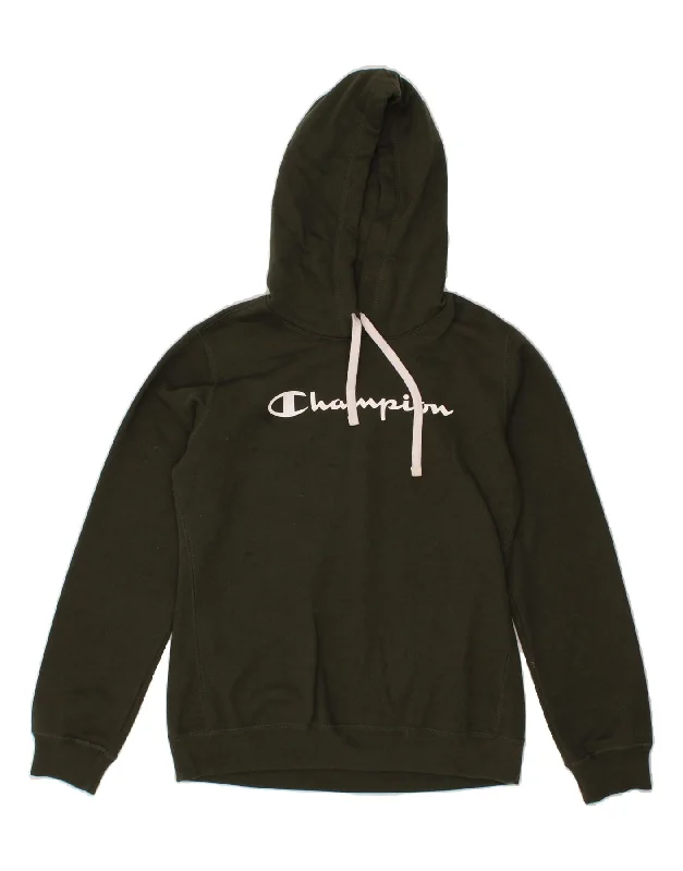 Midnight Sale CHAMPION Womens Graphic Hoodie Jumper UK 14 Large Khaki Cotton